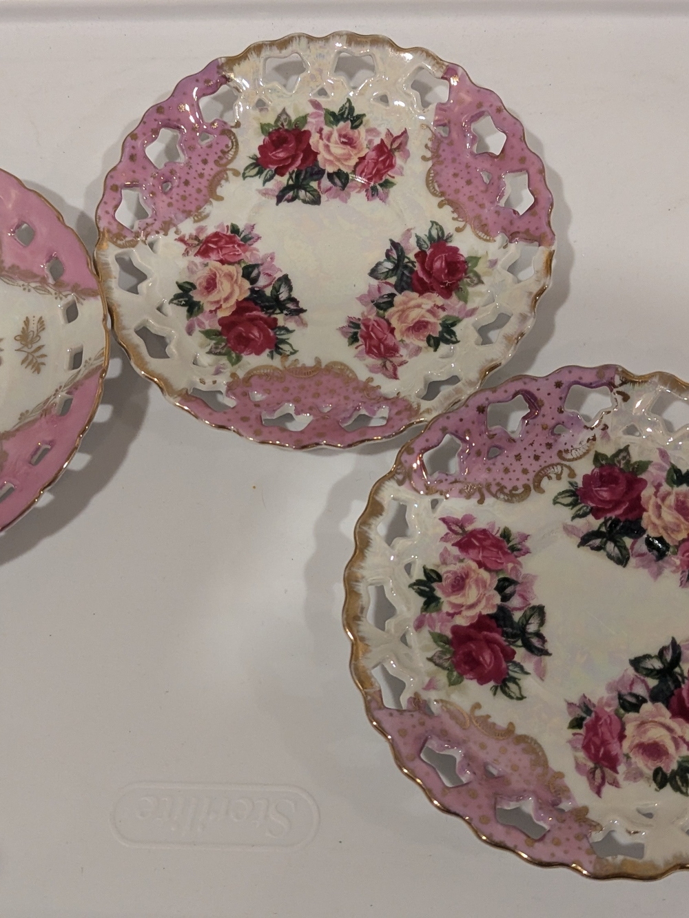 VINTAGE Floral Fine China Iridescent Gilded 3 Saucers Japan 60s Lusterware